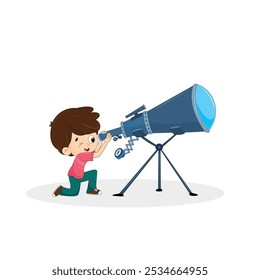 Child look in telescope, moon and stars on dark night sky vector illustration