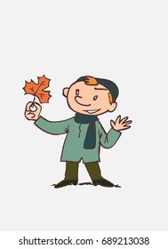 Child looking with interest at an autumn leaf. Character of boy, funny style, isolated.
