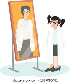 A child is looking in a mirror wearing a doctor's shirt in accordance with his dreams when he grows up
