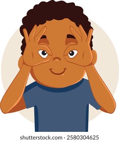 
Child Looking Through Imaginary Eyeglasses Vector Cartoon . Goofy little boy making faces and gestures
