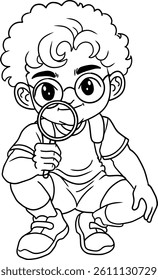 child looking using a magnifying glass in a squatting position