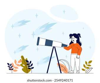 El niño mira al telescopio. Chica mira las estrellas en el cielo. Astrología y astronomía. Observación de la constelación. Educación y formación. Ilustración vectorial lineal aislada sobre fondo blanco