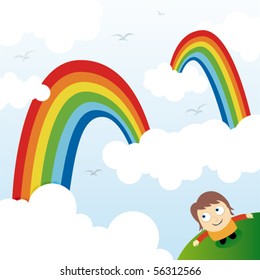 A child looks at the rainbow