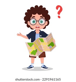 The child is lost, a boy with a map in his hands