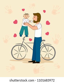 A child and a loving father near a bicycle. Illustration.