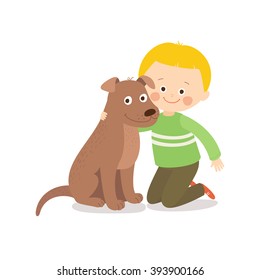 Child lovingly embraces his pet dog. Best friends. Cartoon vector clip art illustration on white background.