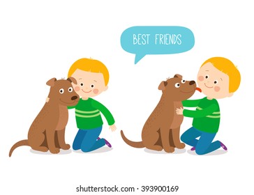 Child lovingly embraces his pet dog. A little dog licking a boy's cheek. Best friends. Cartoon vector clip art illustration on white background.
