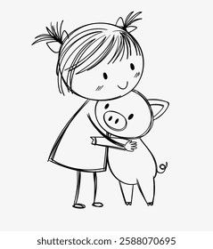 A child lovingly hugs a small piglet