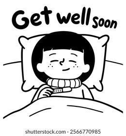 A child lying in bed with a thermometer, the inscription “Get well soon” on top. Monochrome vector sketch postcard in outline and fill style