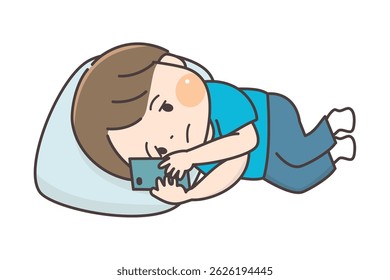 A child lying down and staring blankly at his smartphone.