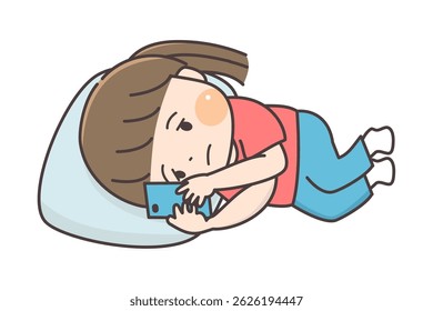 A child lying down and staring blankly at his smartphone.