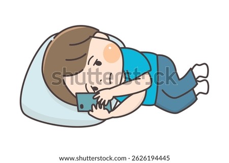 A child lying down and staring blankly at his smartphone.