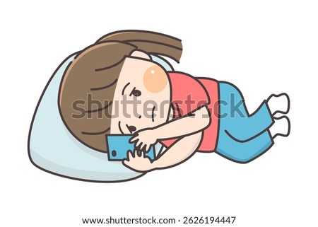 A child lying down and staring blankly at his smartphone.