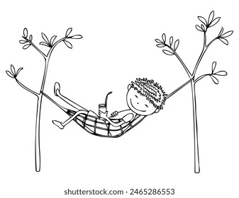 Child lying hammock, resting, drink cocktail, juice, happy, childhood, cartoon character; little boy,  summer, outline drawing, vector, isolated on white