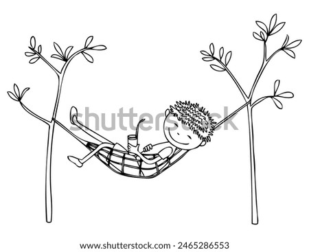 Child lying hammock, resting, drink cocktail, juice, happy, childhood, cartoon character; little boy,  summer, outline drawing, vector, isolated on white