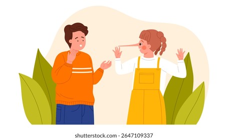 Child lying, kids problem behavior, falsehood and deception in friendship communication. Funny girl with long nose of Pinocchio lies to friend, liar telling false story cartoon vector illustration