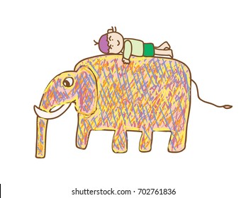child lying on the back of colorful elephant