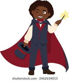 child magician with hat, cape and bowtie  vector illustration