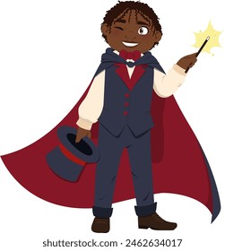 child magician with hat, cape and bowtie  vector illustration