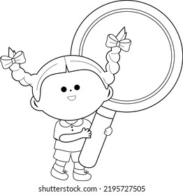 Child With A Magnifying Glass. Vector Black And White Coloring Page