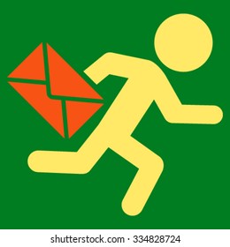 Child Mail Courier vector icon. Style is bicolor flat symbol, orange and yellow colors, rounded angles, green background.