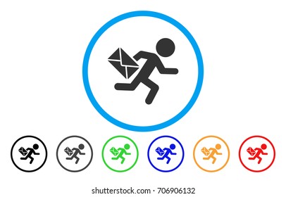 Child Mail Courier vector rounded icon. Image style is a flat gray icon symbol inside a blue circle. Additional color versions are gray, black, blue, green, red, orange.