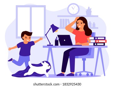 Child make noise and disturb mother work from home. Woman remote working from home with kid. Boy run and play with dog. Vector illustration