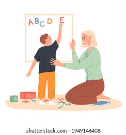 Child makes an English alphabet of letters on the board