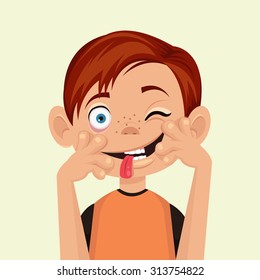 Child makes faces. Vector flat illustration