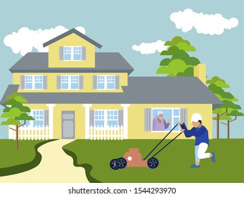 A child makes money. The boy mows the lawns. In minimalist style. Cartoon flat vector illustration.