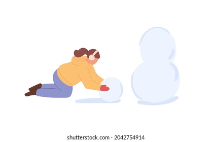 Child making balls from snow to sculpt snowman. Kid playing alone outdoors on winter holidays. Girl having fun in wintertime. Flat vector illustration isolated on white background