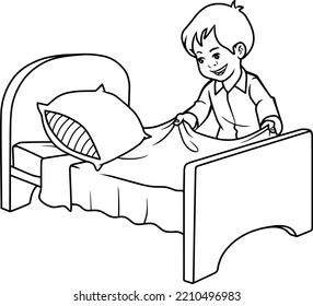 Child Making Bed Line Vector Illustration Isolated On White Background