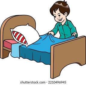 Child Making Bed  Vector Illustration Isolated On White Background