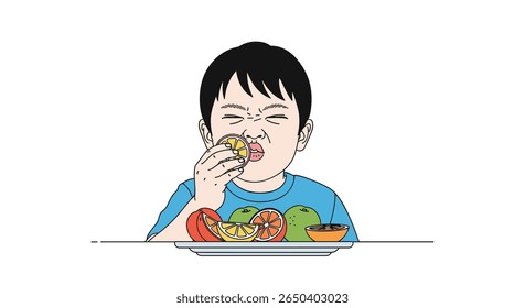 Child making a funny face while eating food on a plate
