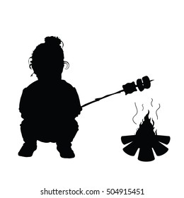 child making meal on fire silhouette illustration in black