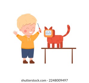 Child making smart robot machine, flat vector illustration isolated on white background. Kid boy of preschool or elementary school age fond of robotics and engineering.