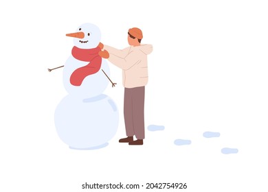 Child making snowman with carrot and twigs, putting scarf on hime. Kid playing outdoors on winter holidays. Boy having fun in wintertime. Flat vector illustration isolated on white background