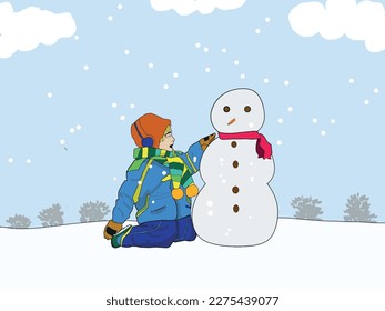 A Child is making a snowman in a field when it snows
