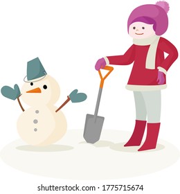 Child making a snowman with snow