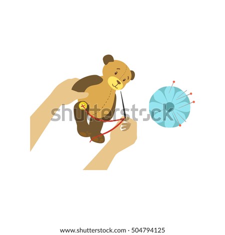 Child Making Toy Bear Illustration With Only Hands Visible From Above