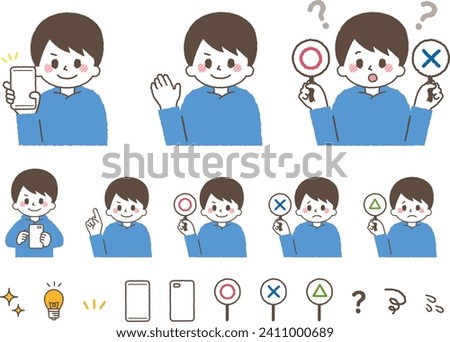 Child making various gestures. Finger pointing, true or false quiz., and introductions on smartphones.