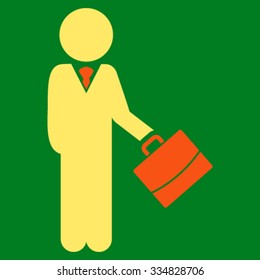 Child Manager vector icon. Style is bicolor flat symbol, orange and yellow colors, rounded angles, green background.