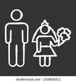Child marriage chalk icons set. Girl and man, groom and bride. Forcible wedlock. Compulsory marriage. Female, male rights. Relationship with no consent. Isolated vector chalkboard illustrations