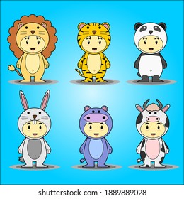 Child mascot with clothes like lion, tiger,panda, rabbit, hippopotamus, and cow, which is interesting and cute on blue background