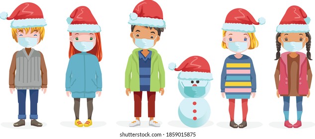 Child mask and Christmas hats. Different nationalities are different. Variety of children. Female and male heads. Picture of students. Snowman and kids. Winter fashion. prevent the spread COVID-19