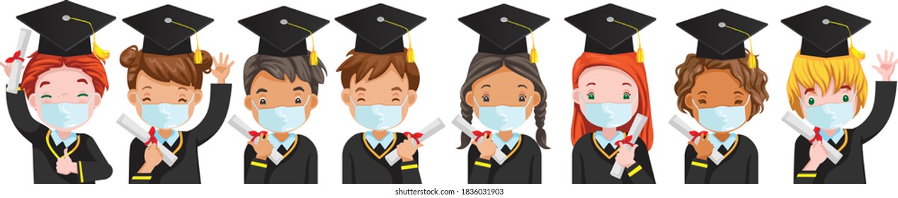 Child Mask Group. Graduate Internationa Children. Graduation Ceremony For Kids. During The COVID-19 Epidemic. Concept Of New Normal And Social Distance. Prevent The Coronavirus. Caring For Children.