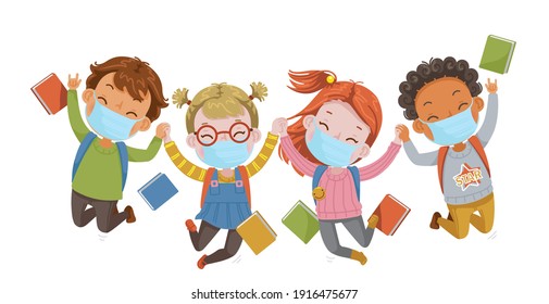 Child mask jumping. Children jump in the school. Illustration for Children's Day and Education. The moment together of friends. A healthy and happy child. 
