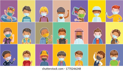 Máscara infantil para un nuevo concepto normal. Personajes de niños de diferentes nacionalidades. Los chicos educados dibujan diferentes y diversas etnias. Moda y peinados de los niños. El niño posa y emociones. 