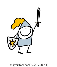 Niño en una mascarada juega con un traje de caballero. Ilustración vectorial de carácter valiente histérico levantó una espada y un escudo, victoria. Divertido stickman en armadura medieval en el torneo.