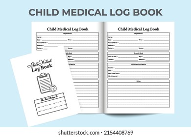 Child medical info tracker interior. Children Medical information and growth card notebook template. Interior of a logbook. Child regular activities tracker and medical register log book interior.